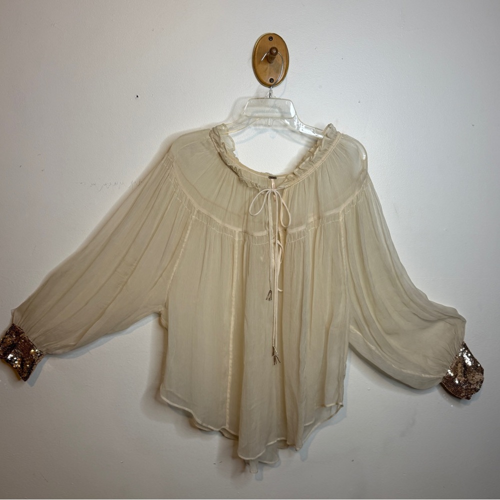 Elegant Free People Cream Blouse with Sequin Cuffs